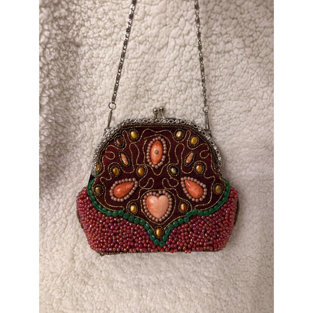 Far Nine Beaded Evening Bag Purse Pink Burgundy Jeweled Chain Strap NWT